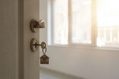 Ouverture de porte de maison neuve avec stores